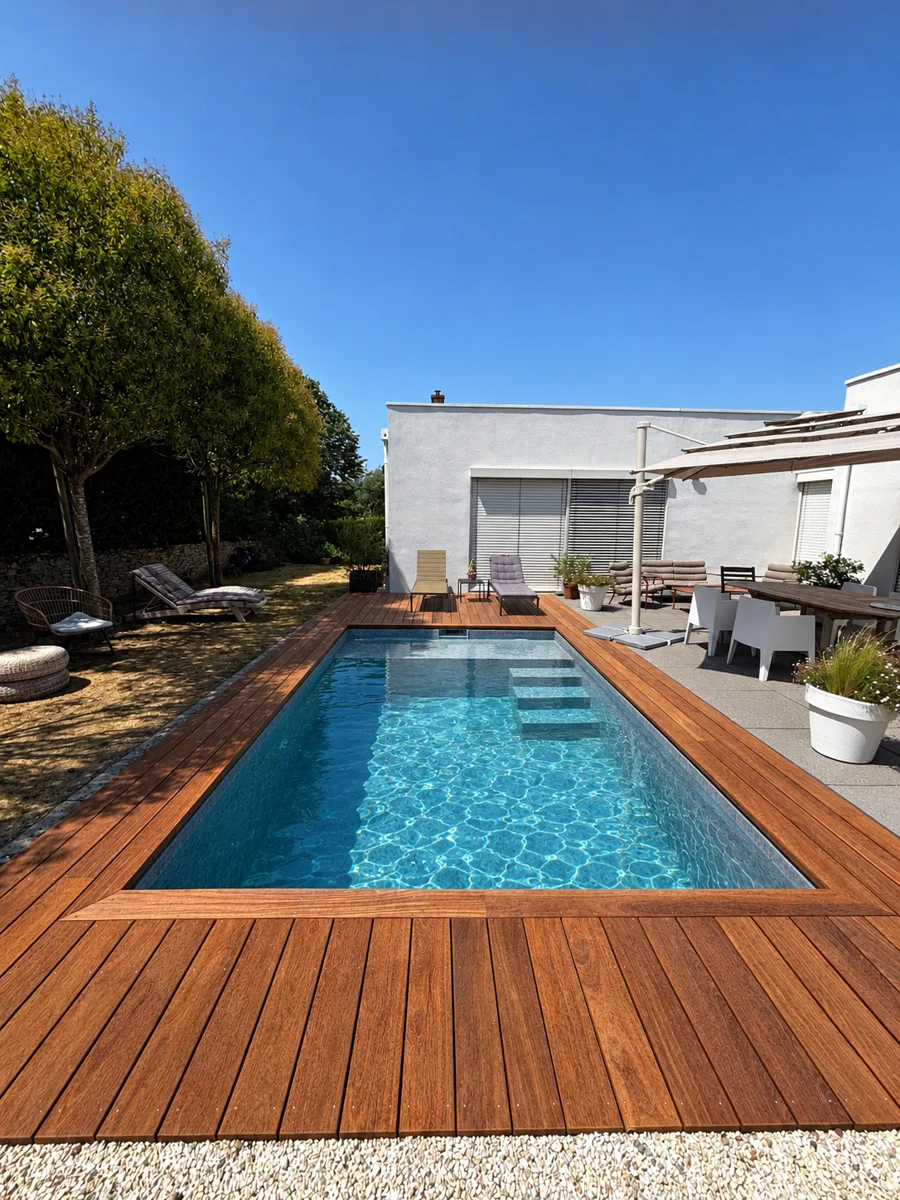 Piscine avec plage en bois et escalier intégré réalisée par Pornic Piscines
