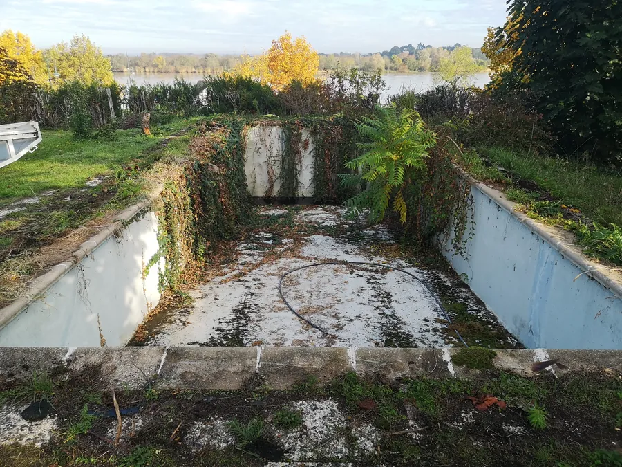 Avant : la piscine abandonnée, envahie par la végétation